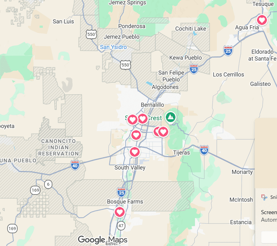 Thompson Craft LLC service area map covering Rio Rancho, Albuquerque, Corrales, Los Ranchos, Sandia Heights, North Albuquerque Acres, Los Lunas, and Santa Fe
