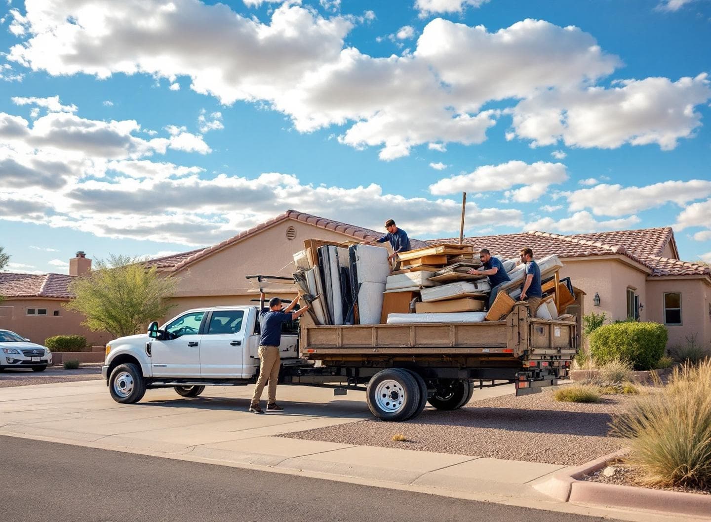 Junk removal crew loading furniture and debris into a dump trailer in a New Mexico neighborhood